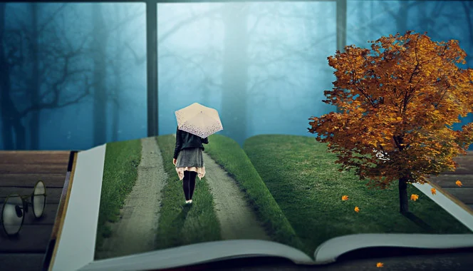 Fantasy graphic of a girl holding an umbrella walking through a picture book