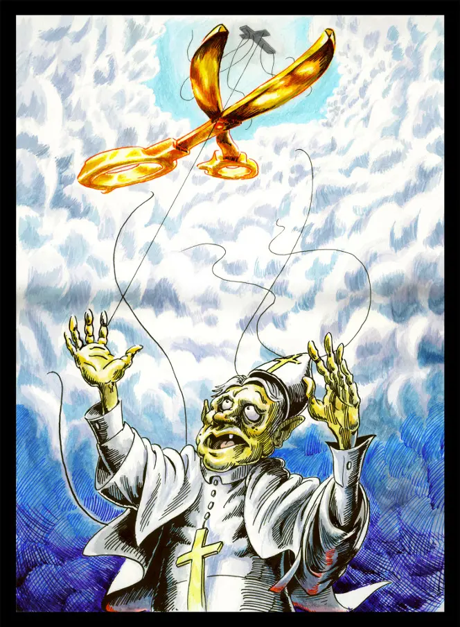 Cartoon by Cory Mathis showing Pope Benedict as a marionette puppet, with strings being cut by a golden pair of scissors.