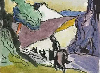 Watercolour and pastel drawing showing one of the  frames highlighting the beginning of the climb to Mt Aspiring, including the drive to the Aspinall's homestead.