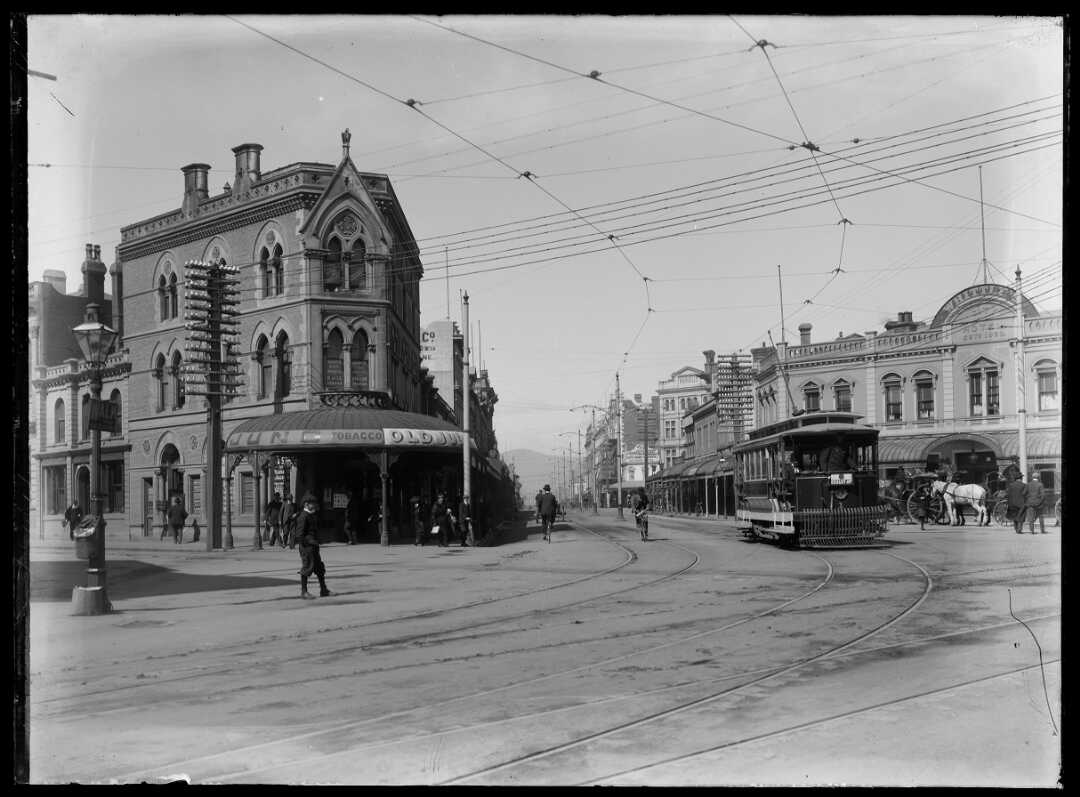 The intersection of Colombo Street, Hereford Street and High Street, Christchurch, ca 1880s-1920s.