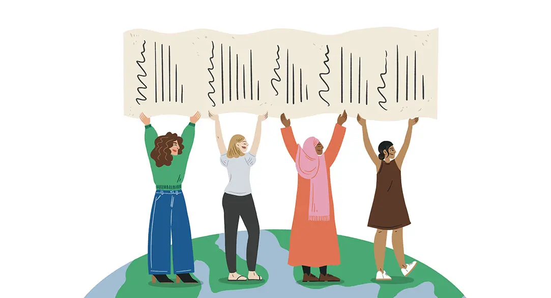 Illustration showing 4 women with different skin colours standing on Earth. They are all holding up a sheet of the Women’s Suffrage Petition above their heads.