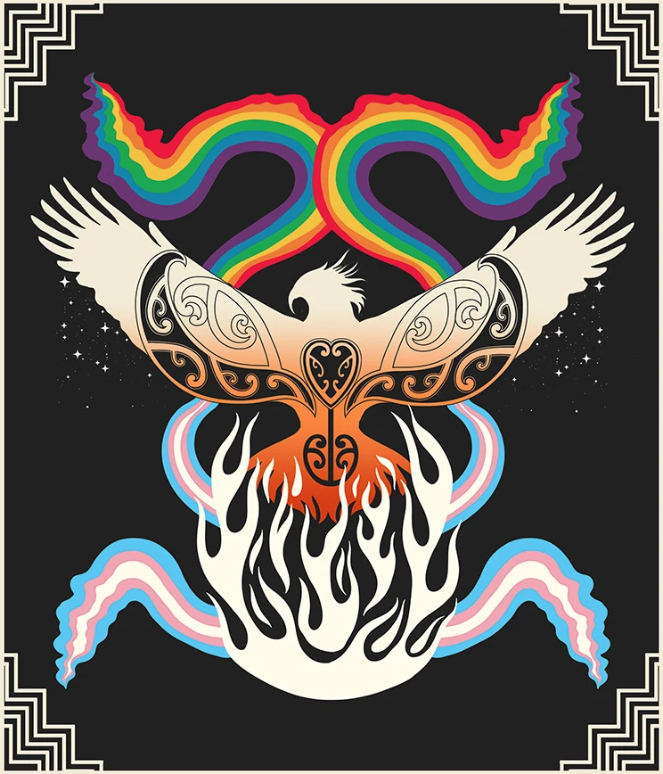 A phoenix designed with Māori patterns flies out of flames, with rainbow and trans banners swirling above and below it.