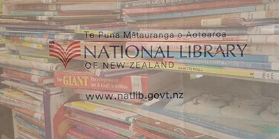 National Library of New Zealand logo superimposed on books on shelves.