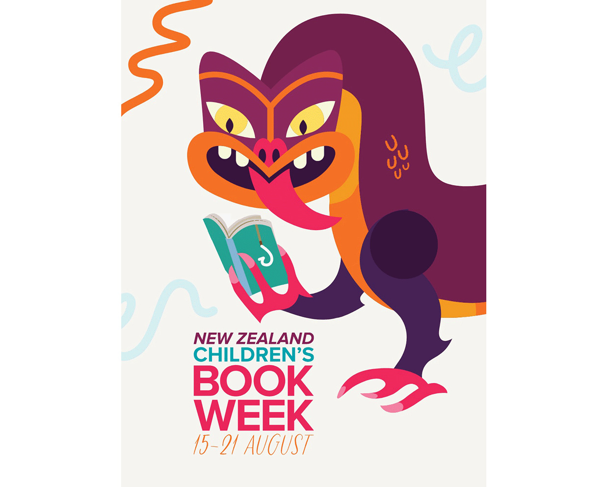 Colourful illustrated taniwha reading a teal book. Text reads New Zealand Children's Book Week, 15–21 August.