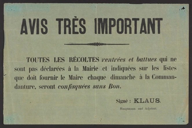 An arrangement of text on a poster issued by the German forces occupying France or Belgium, to inform farmers that crops must be declared to the local authority.
