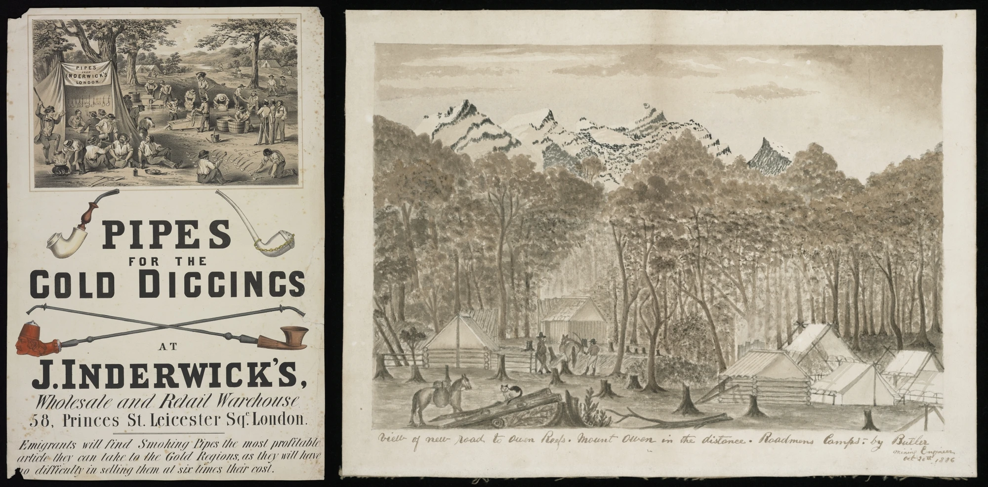 On left, poster advertising pipes for those digging in goldfields and image on the left shows a painting of a mountain scene with a small encampment in foreground.