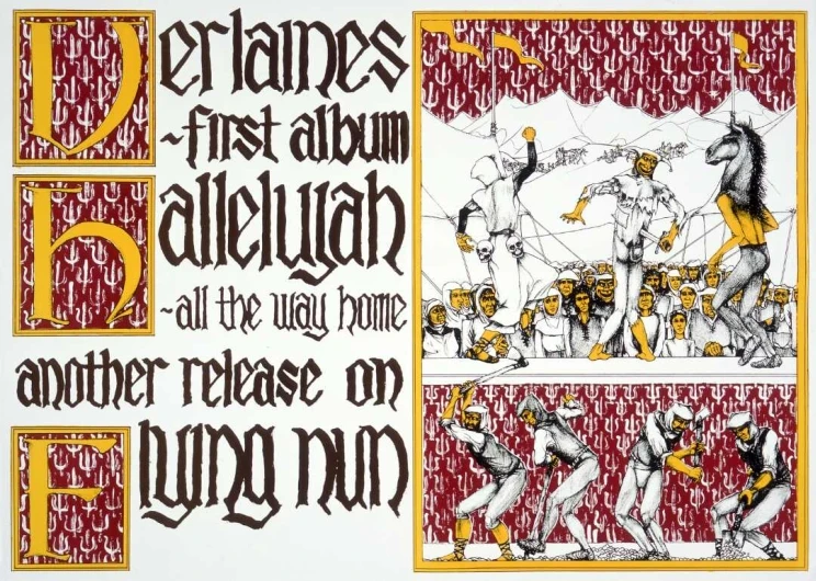 Shows pseudo-medieval illuminated initials for some words of the title at left. On the right are two panels, the top one showing a medieval stage performance involving a donkey, and executioner, and a jester; and the lower one showing peasants involved in agricultural labour breaking up the land for planting.