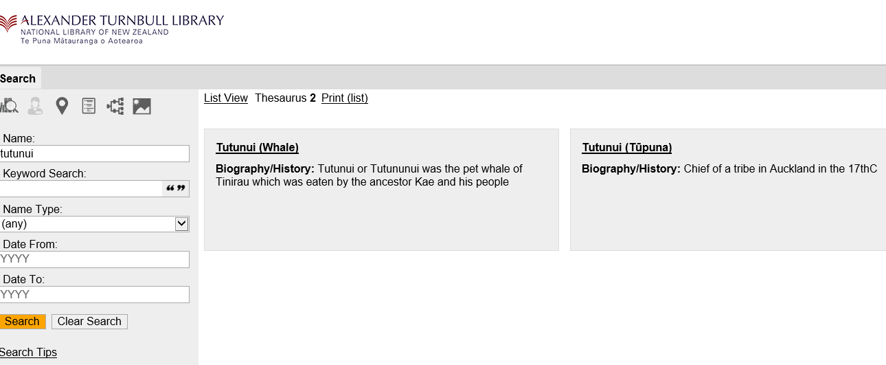 Shows two results for a Name heading search for Tutunui, one is for a whale and one for an Auckland-based rangatira.