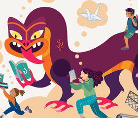Colourful illustrated taniwha reading a teal book. Text reads New Zealand Children's Book Week, 15–21 August.