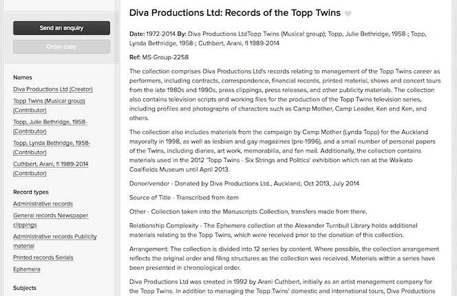 Screenshot of the Diva Productions collection record page, showing the finding aid text written by Arrangement and Description.