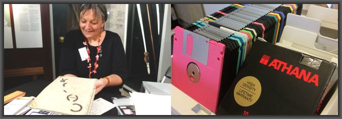 Vicki-Anne Heikell holding a treasured family item and some floppy discs.