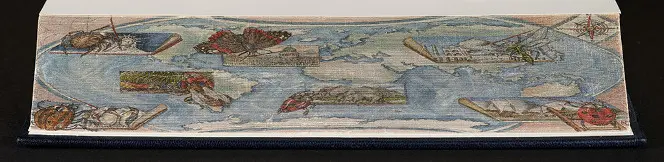 Twenty-first century fore-edge painting, showing a map of the world, insects, and paintings.