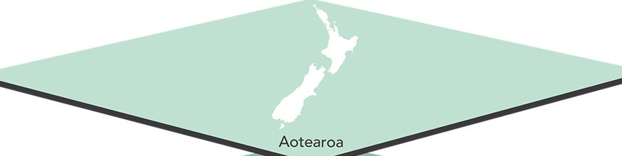 Triangle with map of New Zealand in it and word Aotearoa.