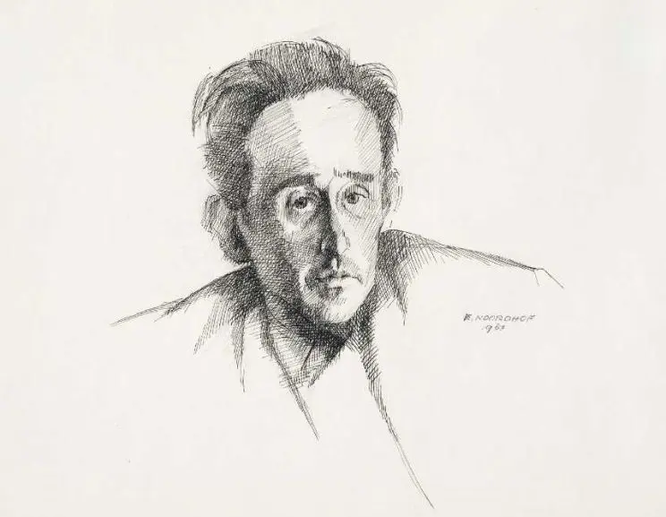The bust of a man drawn in ink using the shading technique known as hatching and cross-hatching. 