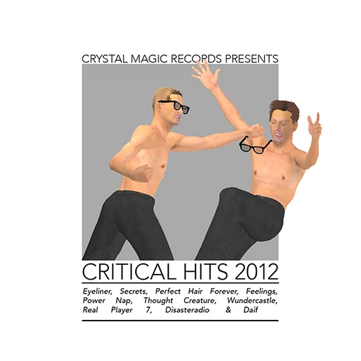 Album cover of 'Critical Hits 2012' showing two men man wearing black rimmed glasses and grey pants.