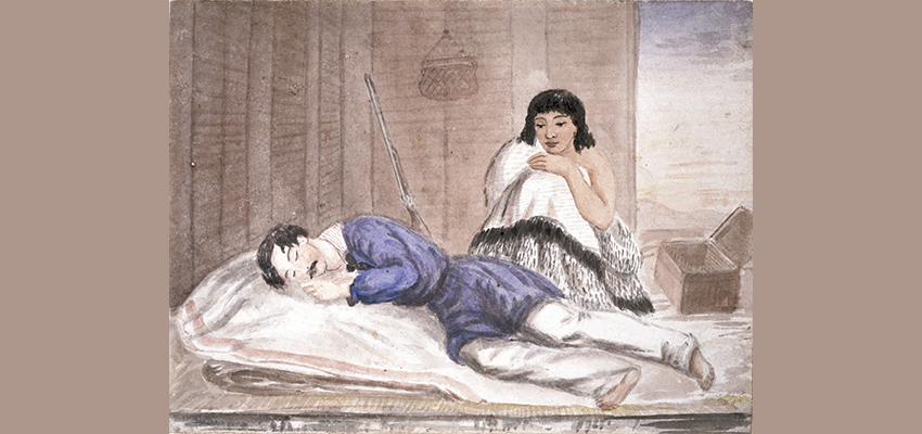 Drawing of a sleeping soldier in a whare, being watched over by a Māori woman.