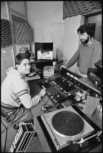 Piripi Walker (right) and Tama Te Huki in the studio of Te Upoko O Te Ika Maori Language Radio Station