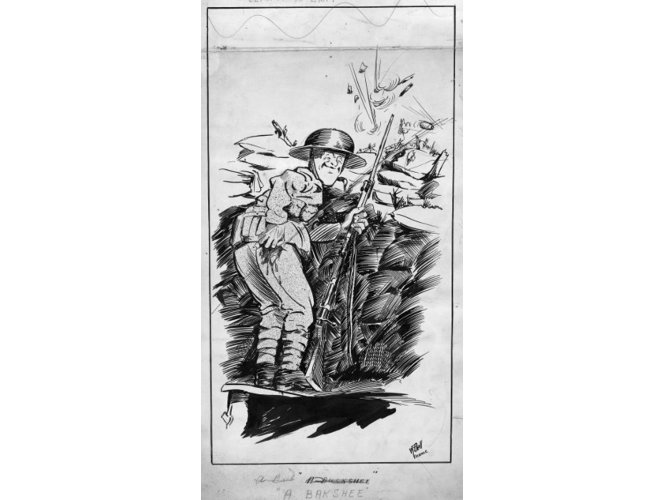 Cartoon showing a soldier happy to have been shot, as he can now be invalidated home.
