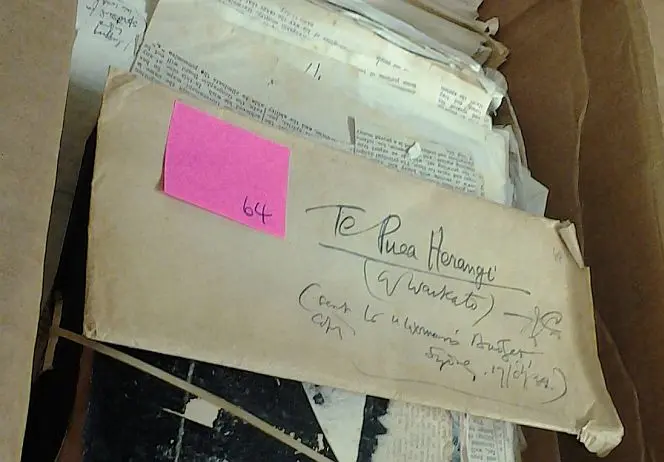An envelope with Cowan’s writing saying ‘Te Puea Herangi of Waikato’, which contained a handwritten draft of an article about the Kingitanga leader.