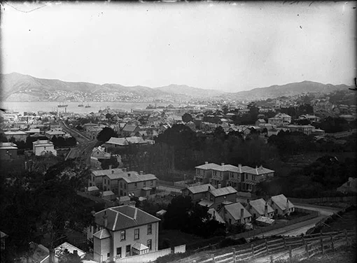 Aerial view of 19th century houses with the harbour behind.