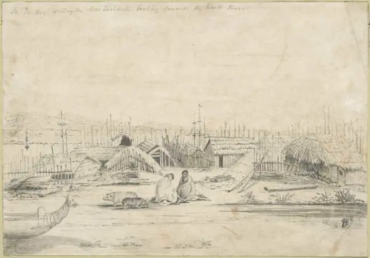 Shows Maori with pigs in the foreground and a carved canoe prow, dwellings and other buildings of the pa, the palisade, the harbour and ships in the background.