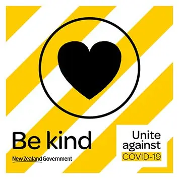 Heart in a circle with yellow and white striped background. Be kind, unite against COVID-19. New Zealand government.