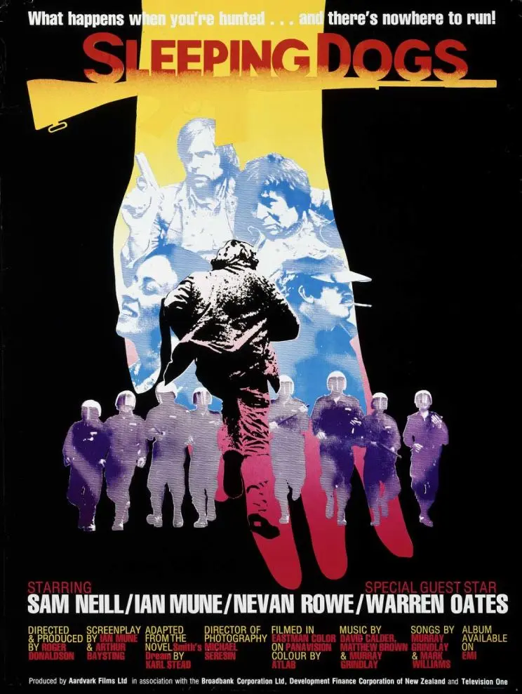 A movie poster featuring a scene with Sam Neill and Ian Mune, Warren Oates, Nevan Rowe [?], and an advancing row of riot police.