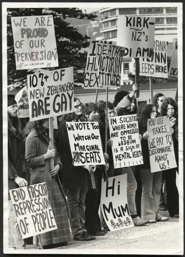 Gay Liberation Movement demonstrating, Wellington, 1974.