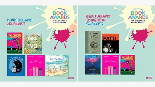 Posters showing the New Zealand Book Awards for Children and Young Adults (NZCYA) finalists for picture book and illustration in 2024.