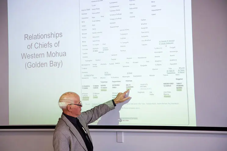 A man pointing at a screen, the image on the screen is titled ‘Relationships of Chiefs of Wester Mohua (Golden Bay)’.