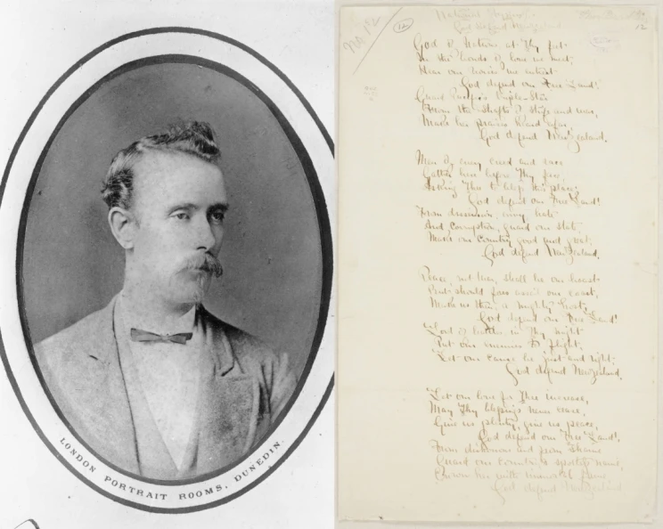 Black and white photo of Thomas Bracken beside and image of the handwritten lyrics to God Defend New Zealand.