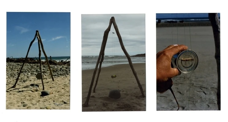 Three images side by side showing a wooden tripod set on a beach, from which dangles a can or cylinder.