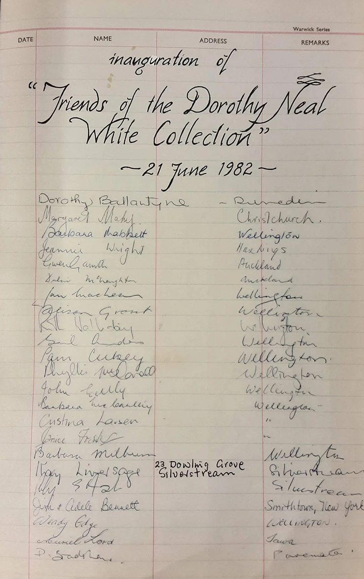 Page from a lined book with handwritten text 'inauguration of 'Friends of the Dorothy Neal White Collection, 21 June 1982', followed by a list of names.