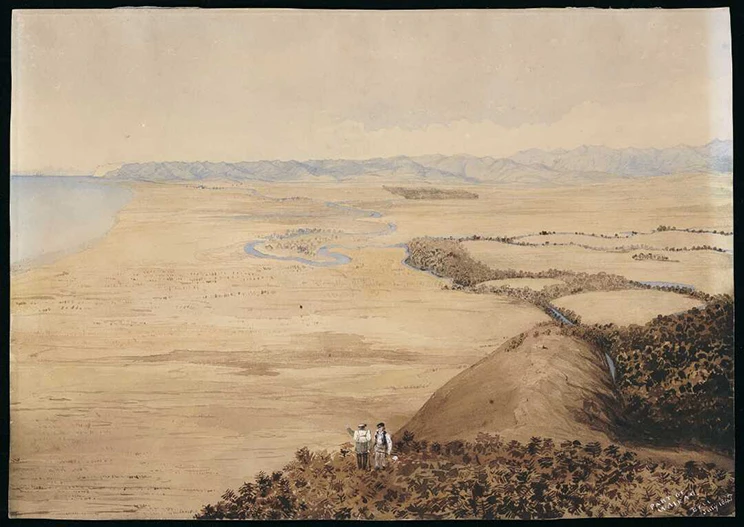 A watercolour painting of the view from hills above Tuamarina, looking south, with dense bush in the foreground, grassy plains along the shore to the left, streams marked by trees. 2 men are viewing the scene