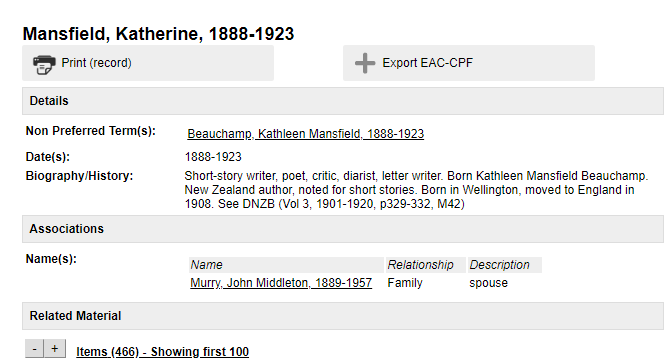 Screenshot of the name record for Katherine Mansfield on Tiaki catalogue of unpublished collections