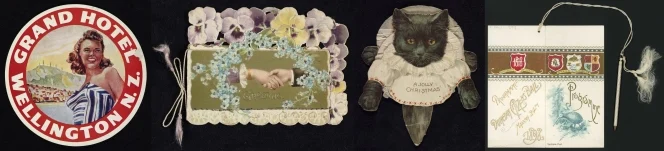 L-R: Grand Hotel (Eph-A-HOTEL-Wellington-1940s-01), Greeting card (Eph-A-CARDS-Christmas-1890s-01), Jolly Christmas (Eph-A-CARDS-Christmas-1900-03), Dunedin citizens' ball (Eph-A-BALL-1898-01-cover)