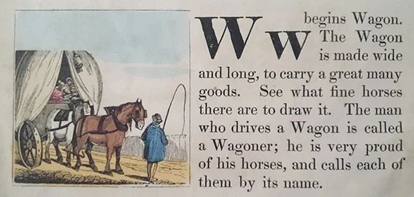 Detail of page of a book showing text alongside an illustration of a man standing with a horse-drawn wagon.