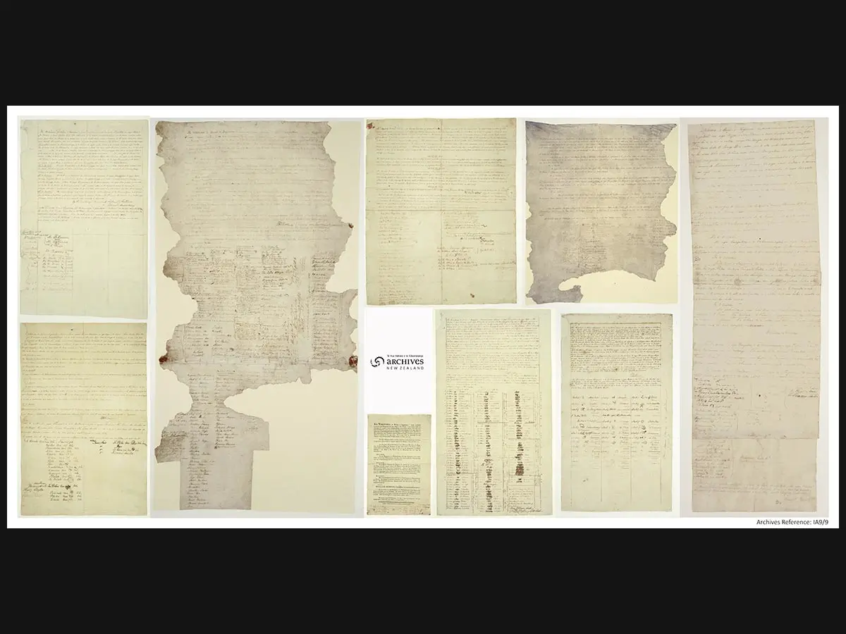 9 sheets of Te Tiriti o Waitangi |  Treaty of Waitangi collaged together.