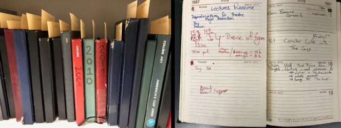 Left: Annual organisational diaries from the ‘Diaries’series, Right: Detail from 1987 yearly planner.