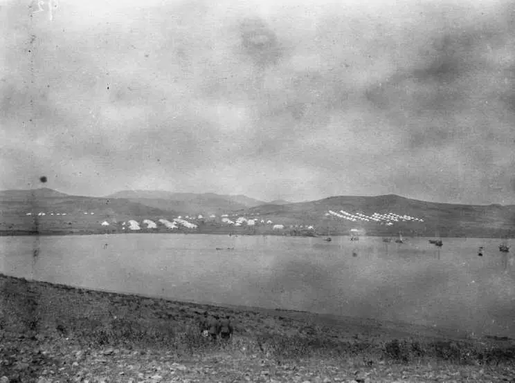 View of the Sarpi Rest Camp in Moudros, Lemnos, Greece, where the majority of New Zealand and Australian soldiers rested, between September and November 1915, before returning to Gallipoli.