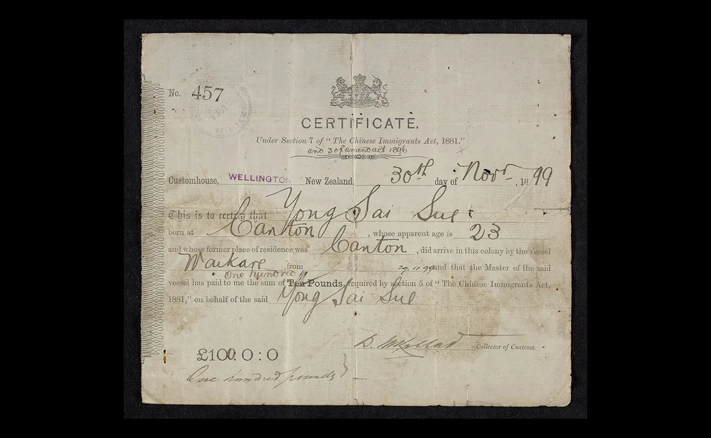 Photo of a poll tax certificate dated 30 November 1899 for Yong Sai Sue, 23 years old who was born at Canton and arrived in NZ on the ship ‘Waikare’. Tax paid was £100.