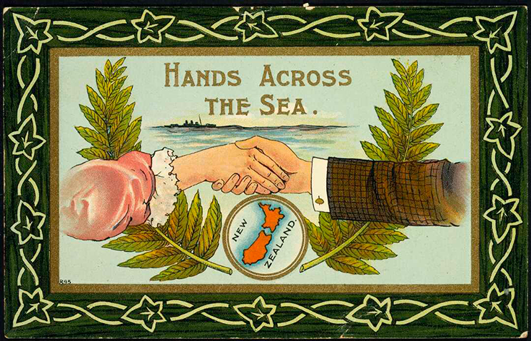 Drawing of people shaking hands, words are hands across the sea.