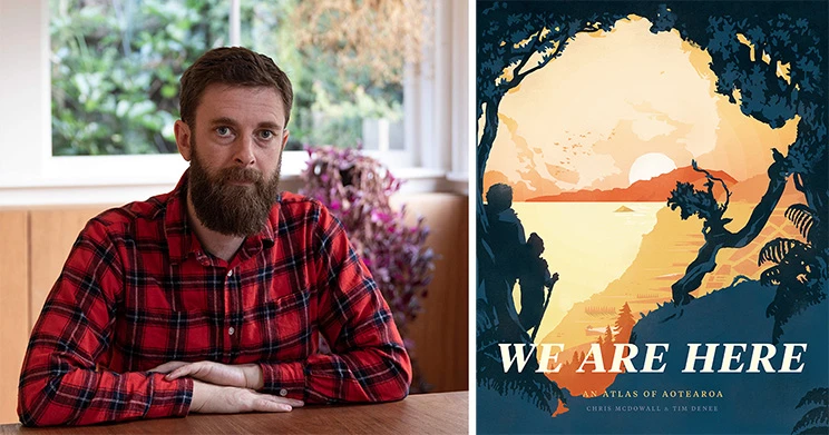 Composition of a man wearing a red check shirt and the book cover 'We Are Here'.