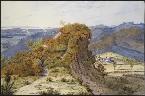 Painting of a tree and a hill with the landscape in the distance.