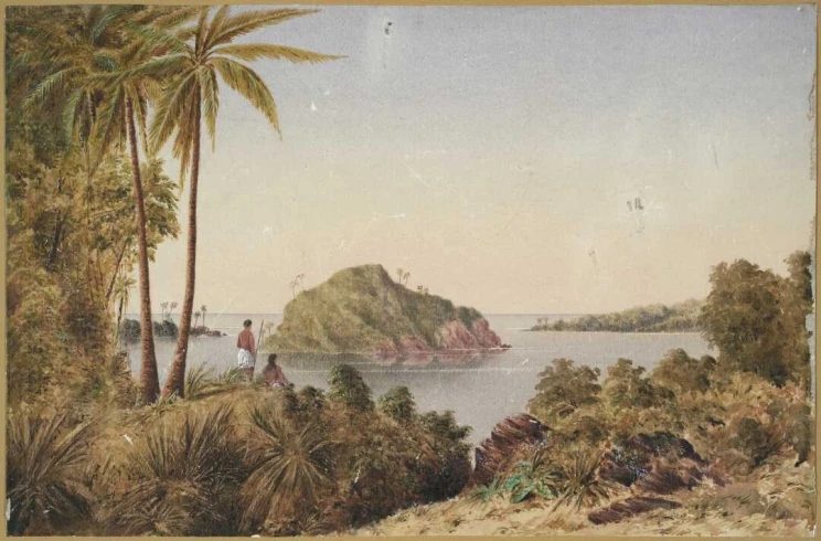 Painting of a Pacific island scene with tree ferns and a harbour with a small, rocky island and two people observing the scene.