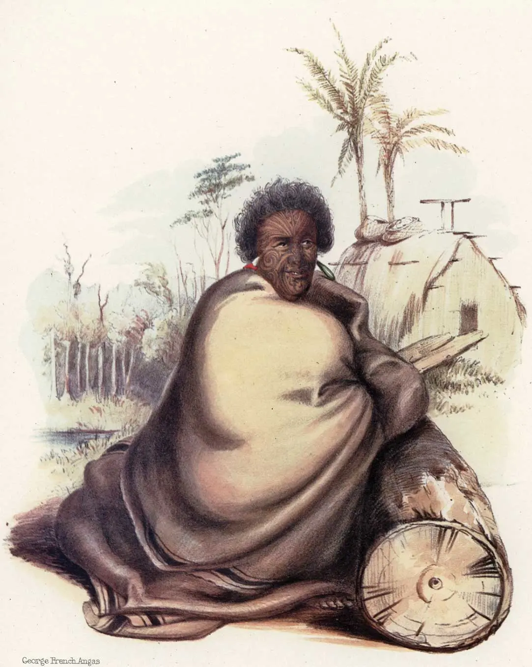 Portrait illustration of Pōtatau Te Wherowhero seated beside a log and wrapped in a cloak. A whare and trees are in the background.
