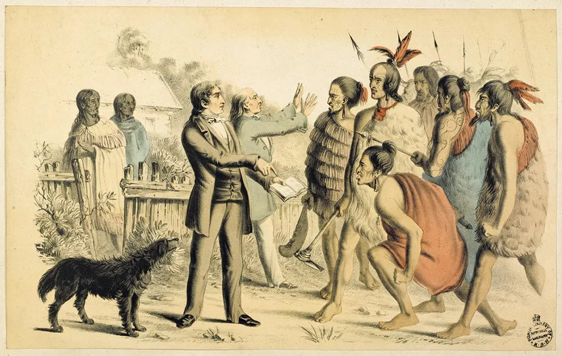 Colour illustration of Henry and William Williams calming a Māori group by speaking extracts from the Bible.