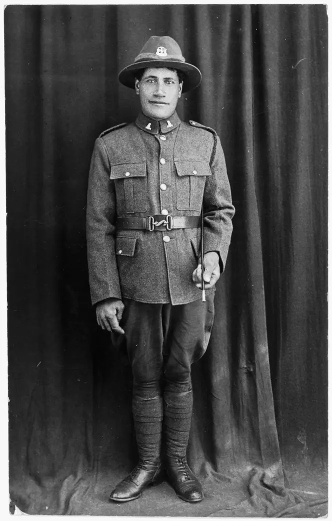 Portrait of Wiriana Renata, son of Mary Robinson, in army uniform, photographed, probably between 1914 and 1918.