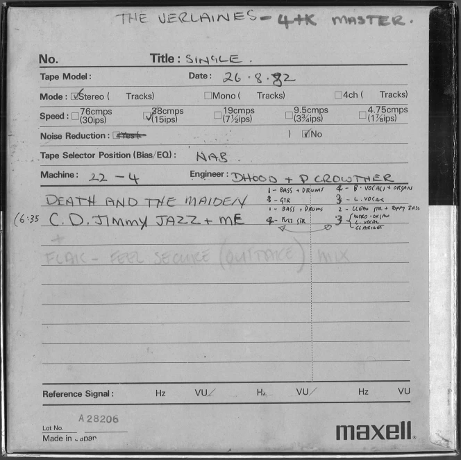 7” open reel tape containing the original 4-track master of The Verlaine’s ‘Death and the Maiden’.