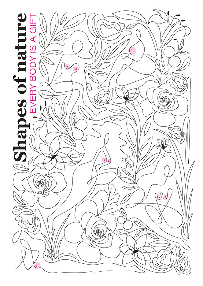 Shapes of nature, every body is a gift. Pencil drawing of women and flowers.